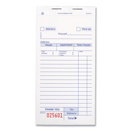 Guest Check Pad, 14 Lines, Three-Part Carbonless, 3.4 X 6.69, 2500PK